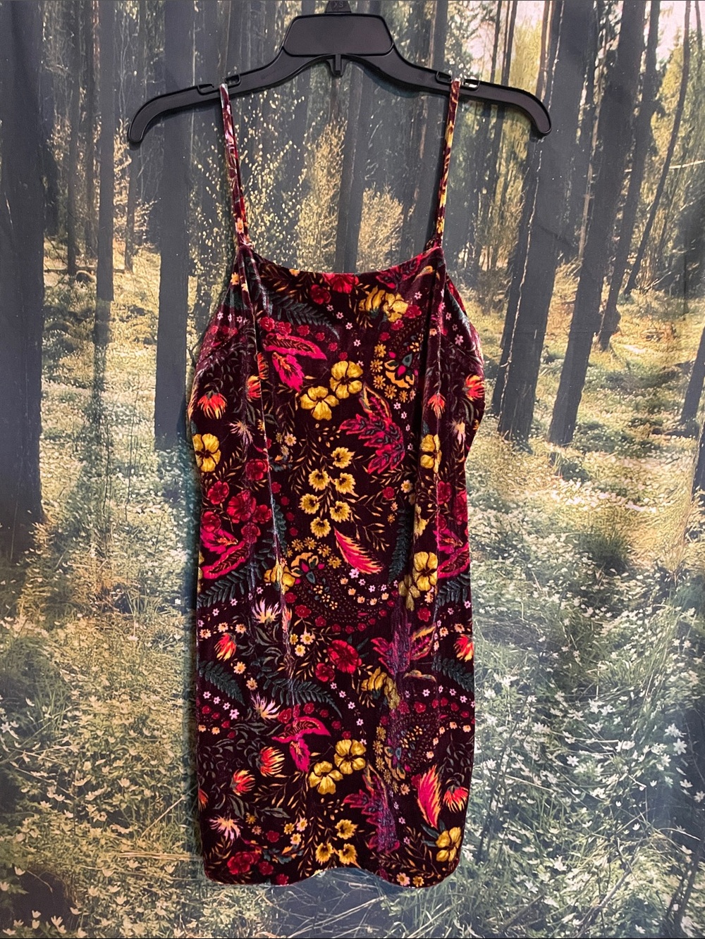 Floral Velvet Slip Dress in Burgundy with Pink & Yellow Flowers